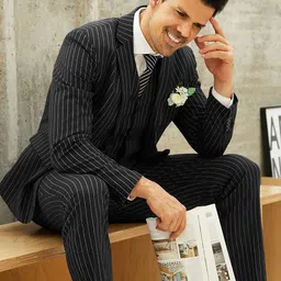 mage male Men’s Pinstripe 3 Piece Suit Slim Fit Elegant Single Breasted Business Party Blazer Vest& Pants Set image 5