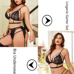 ssoshhub Women Babydoll Lingerie Plus Size Bra Panty Set for Honeymoon Special Night Occasion with Bra Panty, G-Thong and Garter Belt image 4