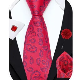 axlon Men's Paisley Micro Wooven Silk Necktie Gift Set With Pocket Square Cufflinks & Brooch Pin Tie for Men Formal Tie Set with Box (Pack of 4) (AX11_16, Red) image 4