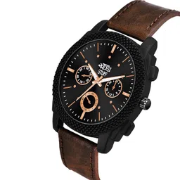 swadesi stuff Black Dial Analog Watch for Men – Brown Leather Strap, Quartz Movement image 3
