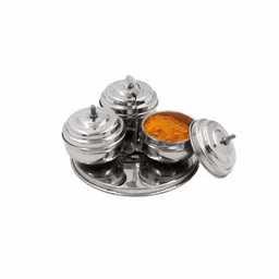 Spillbox Traditional Handcrafted Stainless Steel Kumkum Holder for Pooja Worship | Roli | Chawal | Chandan | Haldi | Kumkum Puja Box | Sindoor | Turmeric | Dabbi - SS 3 in 1 Chomuka image 1