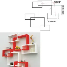 AMAZE SHOPPEE MDF; Wood Wall Decoration Intersecting Floating Shelves,Lacquer;Semi-Glossy Finish,Red ;White image 3