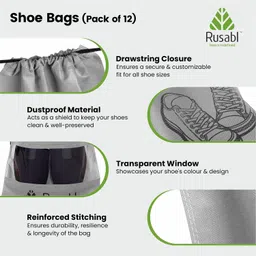 rusabl Shoe Bag for Travel (Pack of 12, Grey) Non Woven, See Through Window, Drawstring Closure, Travel Organiser Pouch for Women & Men Sports Shoes, Sandals, Slippers, Footwear Cover for Travelling image 2