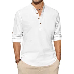 zombom Men's Cotton Blend Solid Full Sleeve Short Kurta Shirt with Mandarin Collar image 1