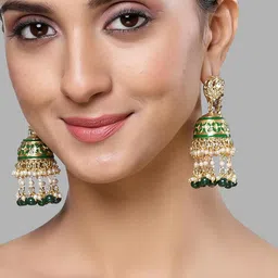 karatcart Gold Plated Green Meena and Beads Kundan Kaanchain Jhumki Earrings for Women image 3