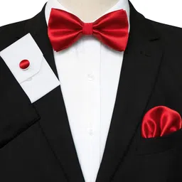 young arrow Premium Pre-Tied Satin Bow Tie and Pocket Square for Men | Handcrafted Bow Tie & Wedding Handkerchief for Suits, Blazers & Tuxedo for Formal Events & Weddings (Red) image 3