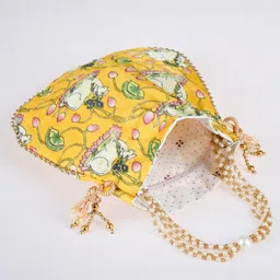 kuber industries Potli|Silk Wedding Potli|Wallet Potli|Christmas Gift Potli|Baby Shower Potli|Traditional Shagun Potli|Drawstring with Beads Handle Potli|Cow-Design Patli Potli|Pack of 3|Yellow image 5