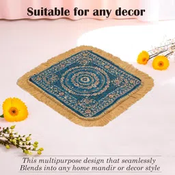 Kuber Industries Pack of 3 Velvet Finish Pooja mat for Sitting on Floor | Traditional Rangoli Print Aasan Puja Cloth for Home Mandir | Suitable for Prayer & Meditation | Golden Firozi image 2