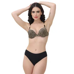 quttos PrettyCat Underwire Pushup Padded Front Open Sexy Bra Panty Set with Chain Strap image 1