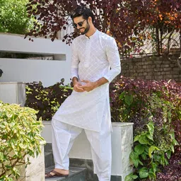 see designs Cotton Regular Fit Mandarin Collar Long Sleeves Embroidered Kurta Set image 5