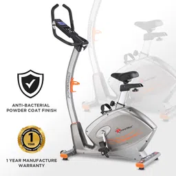 powermax fitness PowerMax Fitness® BU-750 Exercise Upright Bike with Hand Pulse, Adjustable Resistance, Water Bottle Cage, 9KG Flywheel for Cardio Training Workout at Home, Silver shine colour image 5