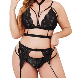 ssoshhub Women Babydoll Lingerie Plus Size Bra Panty Set for Honeymoon Special Night Occasion with Bra Panty, G-Thong and Garter Belt image 1