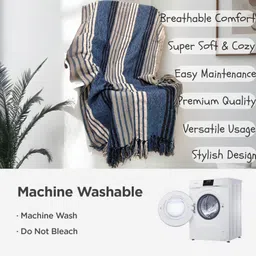 HAKAM Handwoven Striped Pure Chenille Throw Blanket for 3 Seater Sofa – 140x190 cm | Blue Throw for Sofa, Bed, Chair & Travel - Ideal for All Season, Pack-1 image 5