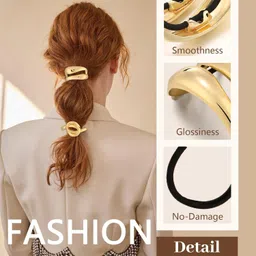 chotaliya Metallic Hair Ties with Geometric Cuffs, Gold Ponytail Holders, Pack of 3 Elastic Bands image 4