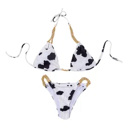 club bollywood Women Set Black White Print Chain Tie Backless Bathing Suit|Clothing, Shoes & Accessories | Womens Clothing | Swimwear|1 Set Women image 1