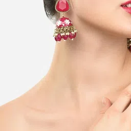 zaveri pearls Rani Pink Meenakari Stone & Cluster Beads Embellished Yellow Gold Jhumki Earring For Women-ZPFK14919 image 3