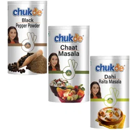 Chukde - Chat Masala 100 Gm, Dahi Vada Raita Masala 100 Gm & Black Pepper 100 Gm - Indian Spices - Combo Pack image 1