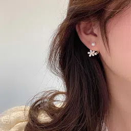 andelaisi Boho Crystal Pearl Ear Jackets Earrings Gold Pearl Flower Ear Cuff Jacket Earrings Vintage Pearl Front Back Earrings Sparkly Crystal Cz Flower Earrings Jewelry for Women, Metal Crystal Cubic image 3