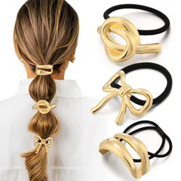 chotaliya Metallic Hair Ties with Geometric Cuffs, Gold Ponytail Holders, Pack of 3 Elastic Bands image 1