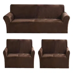 Gifts Island® Premium Velvet Sofa Cover 3 Seater and 2 Seater Fully Covered Universal 5 Seater Sofa Cover Non-Slip Sticky Elastic Stretchable Sofa Set Slipcover Protector for (3+1+1 Seater), Brown image 1