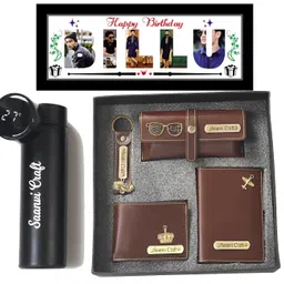 dream gift glore Name Customized Mens Gift Hamper Set with Water Bottle, Passport Cover, Men Wallet, Sunglasses Cover, Keychain and Photo Frame (10x4) (Black) image 1