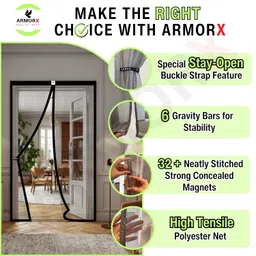 ARMORX High Tensile Polyester Magnetic Door Mosquito Net, Self Closing Magnets with Buckle Strap, Protection from Insects, Pets & Kids Friendly - BLACK-210cm x 100cm image 5