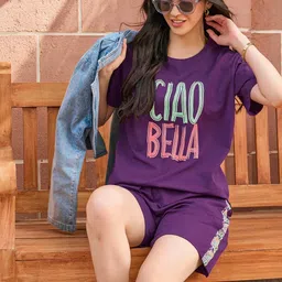 zeyo Night Suit for Women's Typography Printed Cotton Night Dress of Top and Shorts image 4