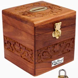 Craftland Wooden Money/Piggy Bank, Money Box, Coin Box with Carved Design for Kids/Children. with Lock image 1
