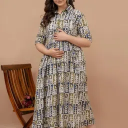 raagvisha Women's Printed Maternity Feeding Kurti with Zipper Maternity Gown for Women Feeding Midi Dress, Printed Maternity Kurti with Collar image 2