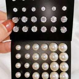 shining diva fashion Latest Stylish Crystal Pearl Stud Earrings for Women & Girls - 24 Pairs Combo Set (16062er) image 2