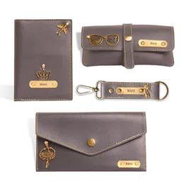 innovative gifts Women's Customized Wallet, Keychain, Sunglass & Passport Cover with Name & Charm I Personalized Vegan Leather Gift Combo Set I for Girlfriend Women Wife Birthday Anniversary (Grey) image 1