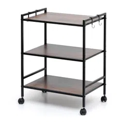 Livzing Wooden 3 Tier Kitchen Storage Rack Trolley with Wheels Height Adjustable Storage Racks with Plastic Hooks Vessels-Dish-Spice-Cutlery-Vegetable Stand Multipurpose Shelf Organizer Cart for Home image 1