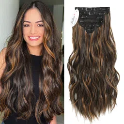 skyhair mark your identity SkyHair BROWN WITH GOLDEN HIGHLIGHTS 6 Pieces 13 Clips Set PREMIUM Matte Finish Hair Extensions | Instant Volume and Length Clip In Volumizer for Women and Girls | 24 Inches (Light Curly/Wavy) image 1