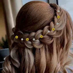 productmine Bridal Hair Bun Pin Accessories/Fancy Golden Juda Pins with Artificial Yellow Rose and Clear Rhinestone for Women and Girls - Set of 16 PCs image 5