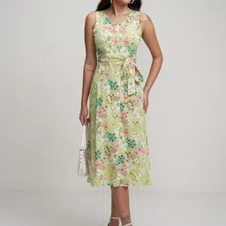 tokyo talkies Women's Elegant Floral Printed A-Line Midi Dress with Belt A Sleeveless Stunner for Effortless Charm image 2
