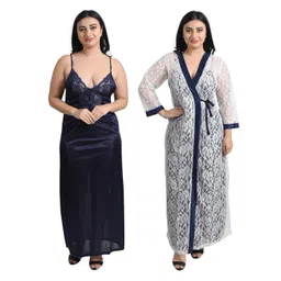 embrave Women Satin Solid Nightwear Maxi Set Nighty with Net Sleep Robe for Women, Navy Blue image 1