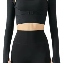 feoya Women's Stretch Cutout Yoga Sports Jacket Long Sleeve Crop Top T Shirts with Thumb Holes image 1