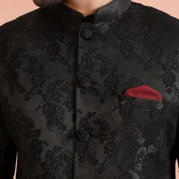 kisah Men's Kurta Sherwani Trouser Set Indo-Western, Black Cotton Blend, Self Design Long Sleeves Regular Fit Mandarin Collar image 5