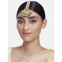 peora Gold Plated Indian Traditional Wedding Kundan Green Pearl Maang Tikka for Women Girls image 2