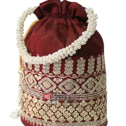 milan's creation Raw-Silk Designer Potli Bag for women with Golden Embroidery and Pearl Handle Tassel image 3