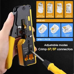 duogalia RJ45 Crimping Tool Kit Ethernet Crimp Tool Set, CAT5 Cat5e Cat6 Cat7 Crimper Stripper Cutter All-in-One Tool with 50PCS Connectors, 50PCS Covers, Network Cable Tester, Wire Stripper and Blades(Yellow) image 4