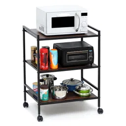 Livzing Wooden 3 Tier Kitchen Storage Rack Trolley with Wheels Height Adjustable Storage Racks with Plastic Hooks Vessels-Dish-Spice-Cutlery-Vegetable Stand Multipurpose Shelf Organizer Cart for Home image 3