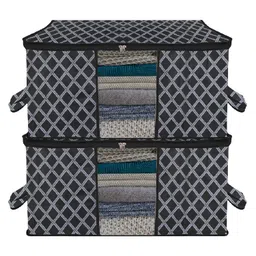 Kuber Industries Underbed Storage Bag | Check-Design Blanket Cover with Clear Window | Zipper Closure & Handle Cloth Organizer | Large | Pack of 2 | Black image 1