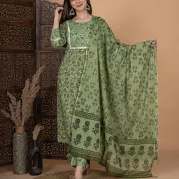 meera fab Women's Cotton Printed Straight Kurta with Palazzo & Dupatta Set with Yoke image 2
