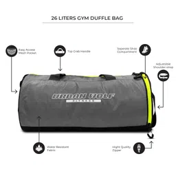 Urban Wolf 26L Gym Duffle Bag | Unisex Grey & Green Zipper | Separate Shoe Compartment | Quick Access Pocket | Durable Polyester | Multi-Functional Sports & Travel Bag | Dimensions 49x23x23 cm image 2
