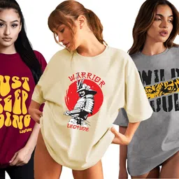 leotude Oversized Cottonblend Half Sleeve Round Neck Longline Drop Shoulder, Colorful Printed T-Shirt Women's Combo T-Shirts (Pack of 3) image 1