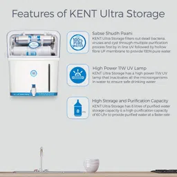 KENT Ultra Storage UV Water Purifier (11042) | UV+UF Water Purification | Wall Mountable | 8L Storage | 60 L/hr Output | White image 2