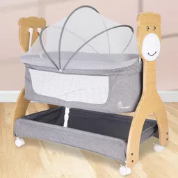 R for Rabbit Lullabies Woodsy 2 in 1 Manual Swing Wooden Cradle Newborn Baby Convertible Cot Bassinet with Mosquito Net, Lockable Wheels & Storage Space for Kids 0-12 Months, Upto 12 Kg (Dark Grey) image 1