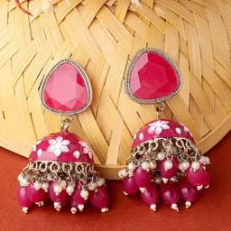 zaveri pearls Rani Pink Meenakari Stone & Cluster Beads Embellished Yellow Gold Jhumki Earring For Women-ZPFK14919 image 2