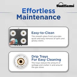 Sunflame Diamond 4 Burner Gas Stove | 2 Medium and 2 Small Brass Burners | 2-Years Product Coverage by Sunflame | Ergonomic Knobs | Toughened Glass Top | Easy to Maintain| PAN India Support image 5